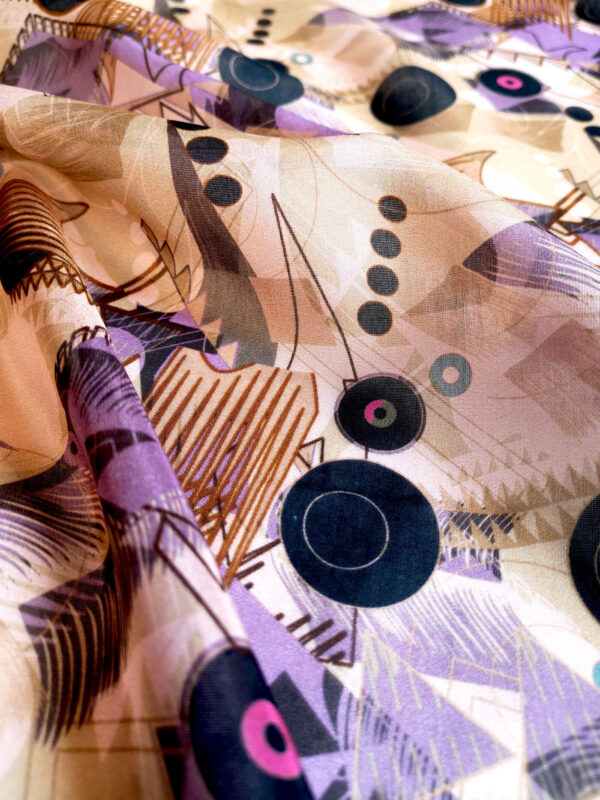 Tissu coton soie imprimé motif graphique abstrait - Brune